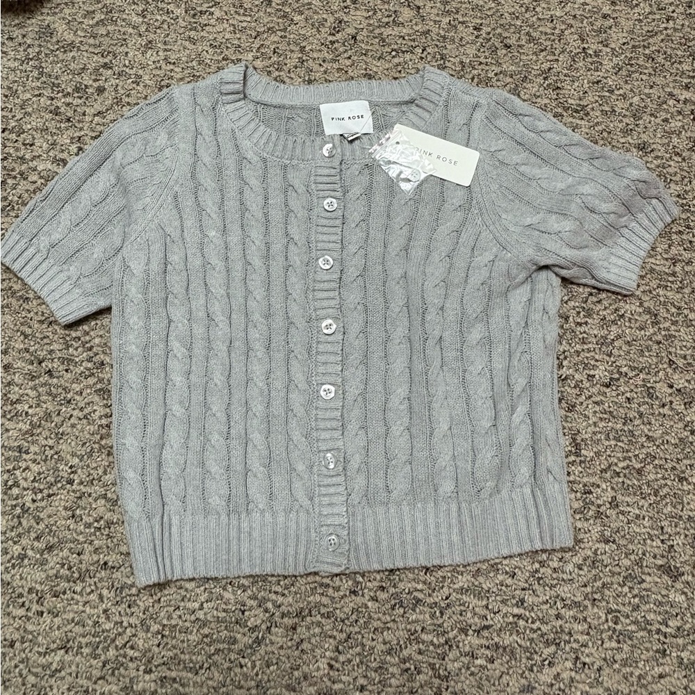 Pink Rose Light Gray Cable Knit Cardigan